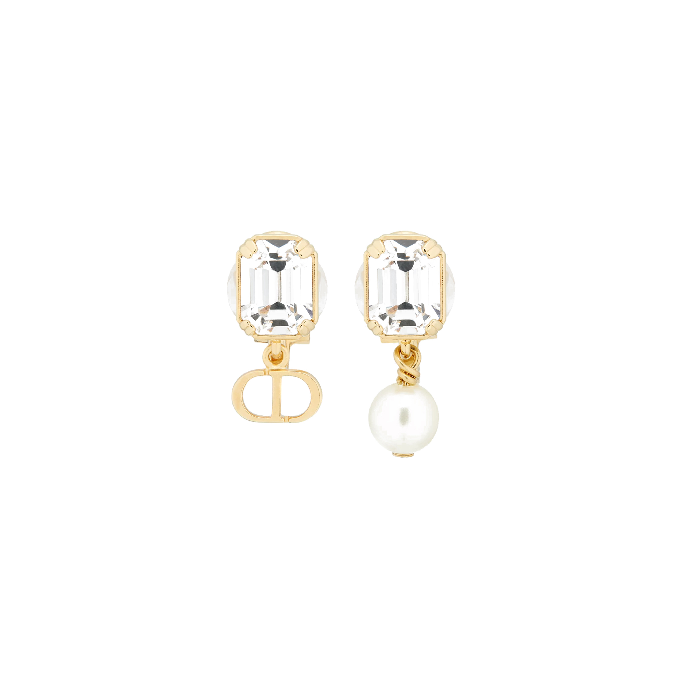 DIOR PETIT CD CLIP-ON EARRINGS GOLD-FINISH METAL WITH A WHITE RESIN PEARL AND SILVER-TONE CRYSTALS E3603WOMCY_D03S